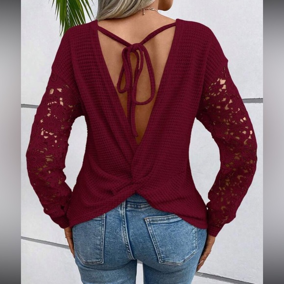 Boho floral embroidered lace sleeve twisted open tie back top - Picture 6 of 16